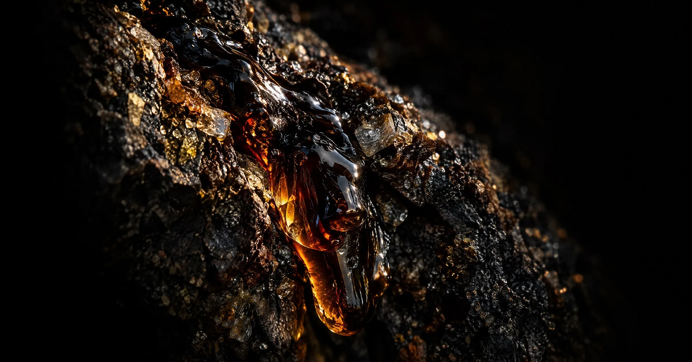 Close-up of raw shilajit resin seeping from mineral-flecked rock