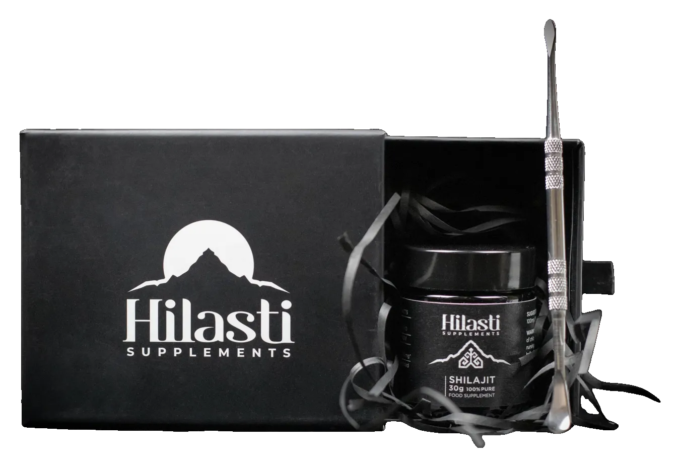 Hilasti gift box with a jar of shilajit resin and a steel spatula
