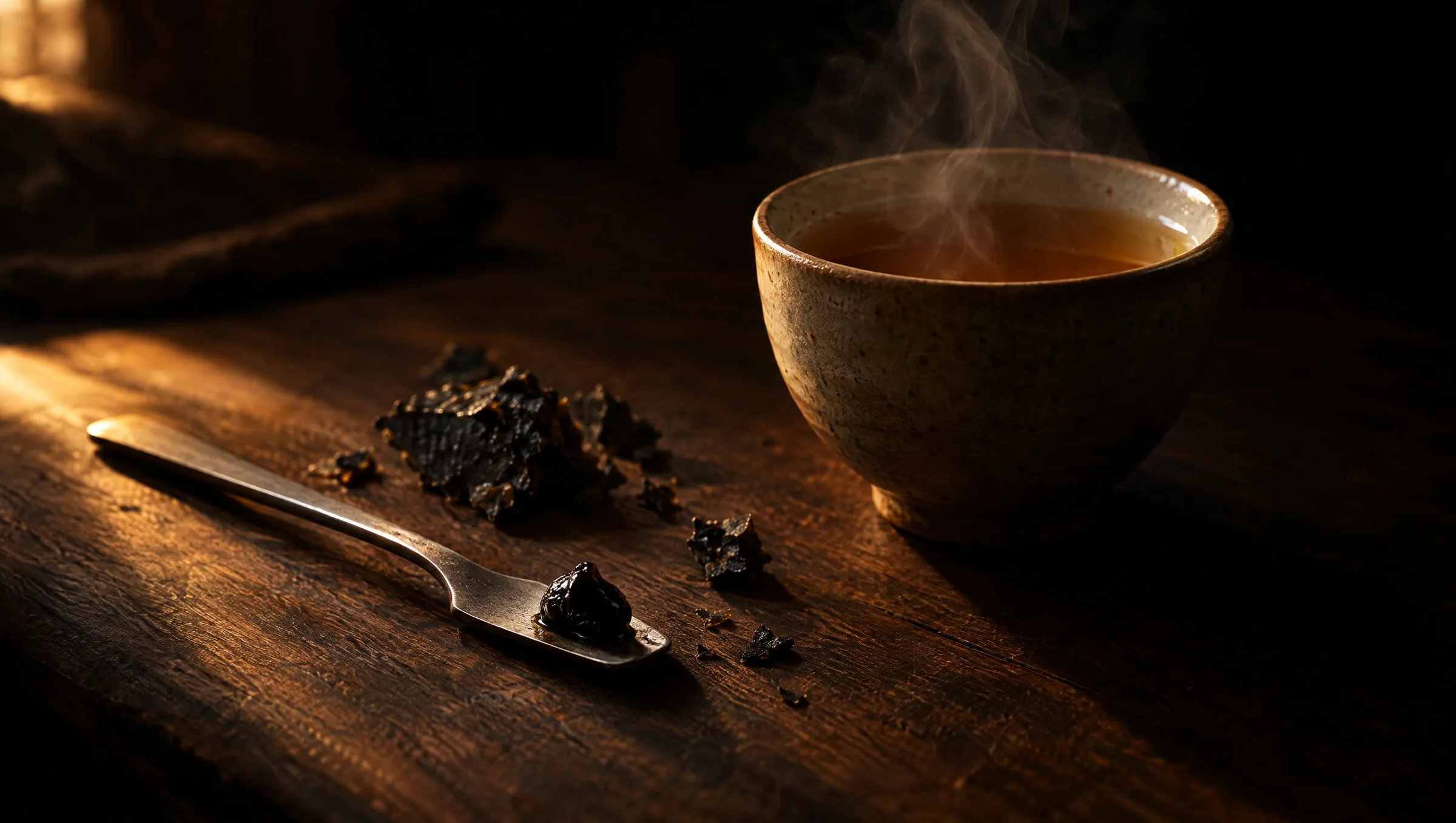 A pea-sized piece of dark shilajit resin on a steel spatula beside a steaming cup, lit by warm light