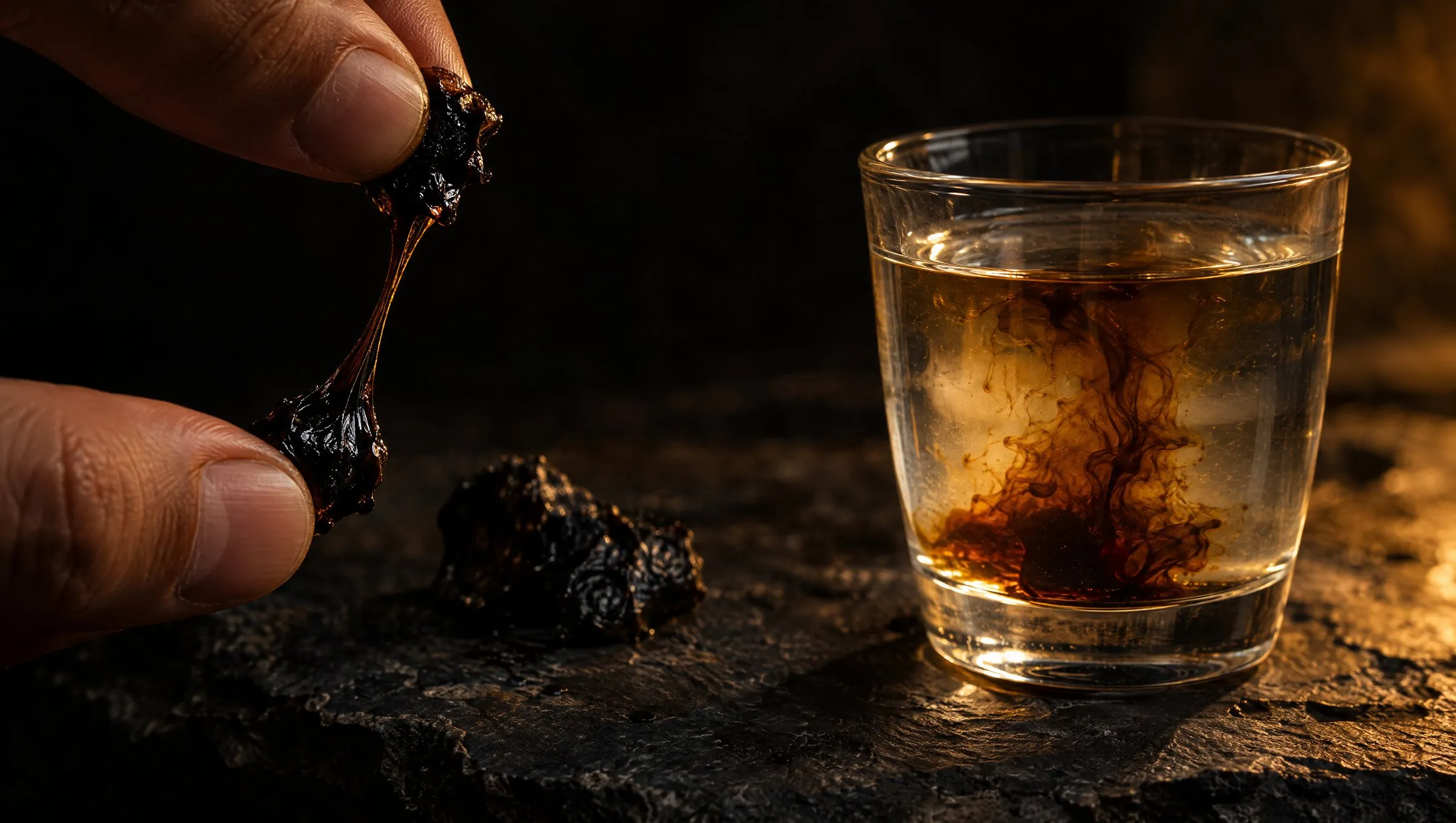 Fingertips stretching a sticky piece of dark raw shilajit resin into a thin strand, a second lump on dark slate and a glass of water with resin dissolving in amber swirls, in warm side light