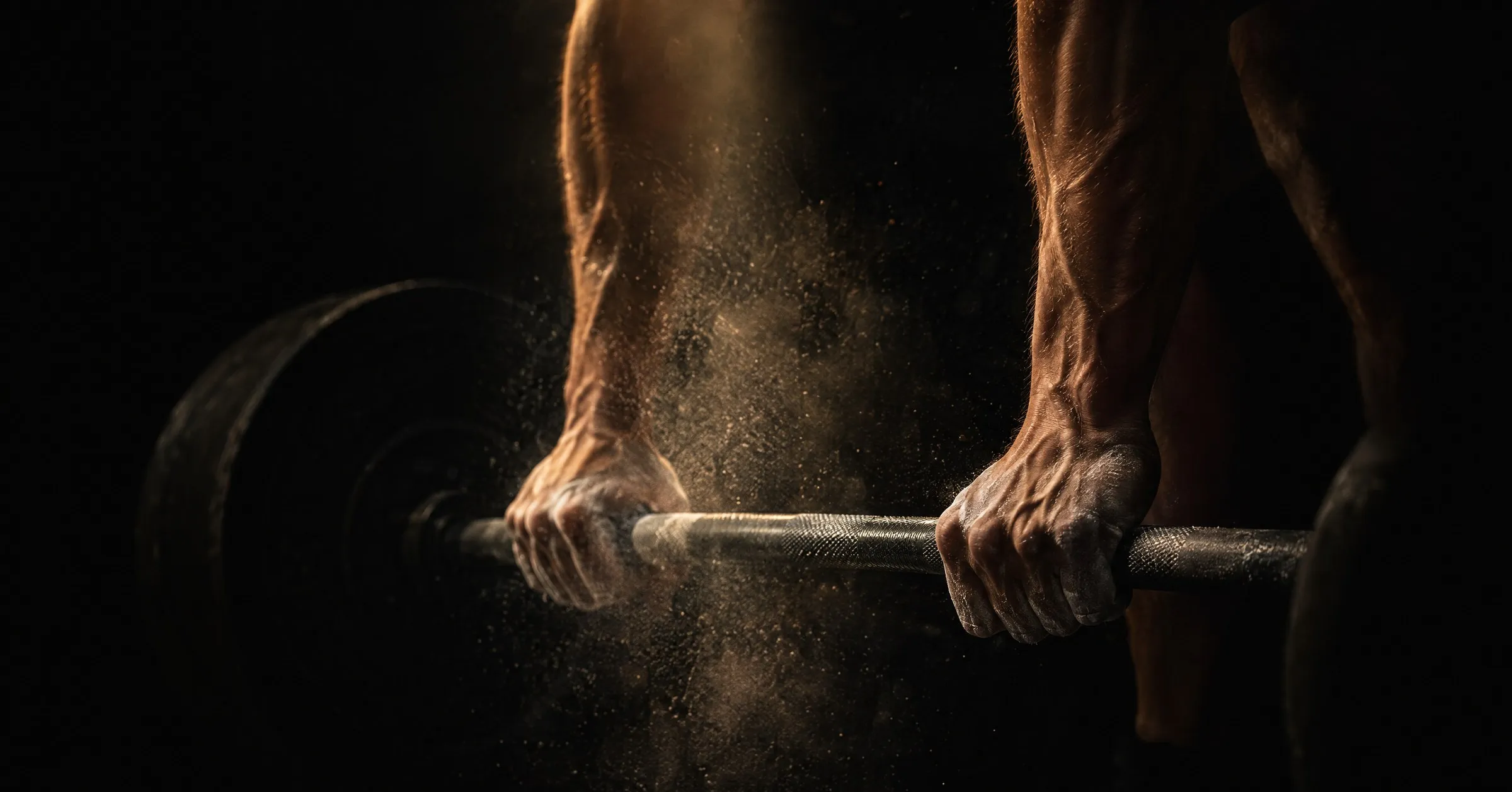 Chalked hands gripping a barbell in a dark gym