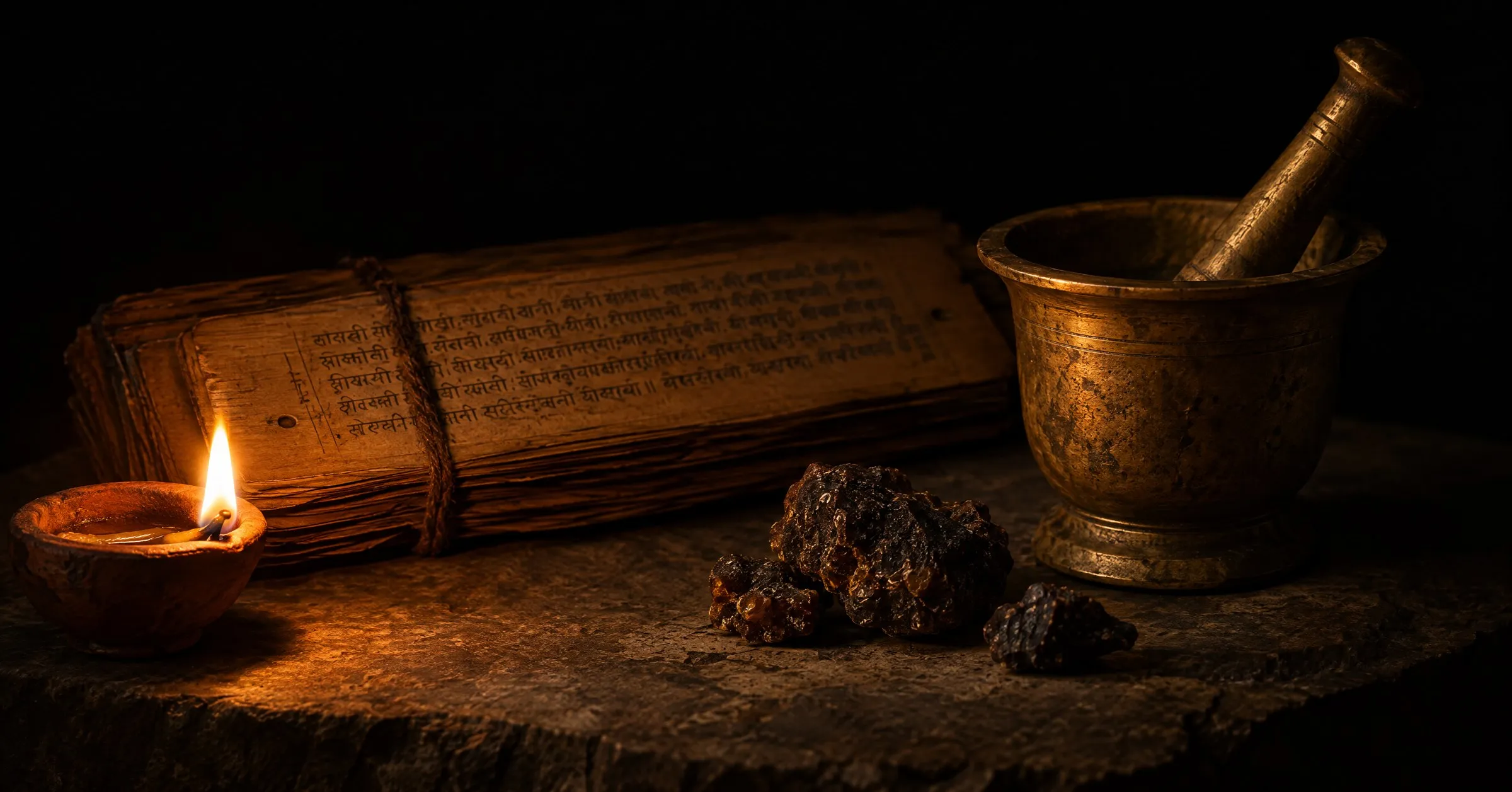 An old palm-leaf manuscript, brass mortar and raw resin by oil-lamp light
