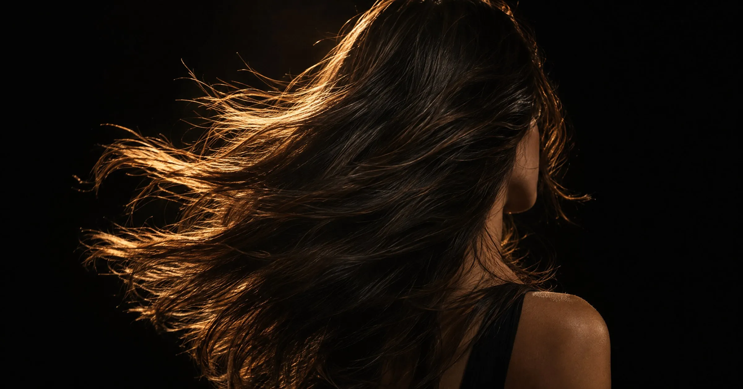 Long dark hair in motion, backlit with warm light