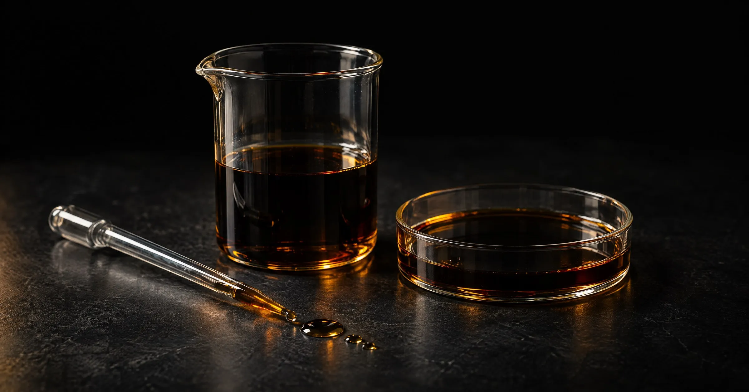 A laboratory beaker, petri dish and pipette with dark amber liquid