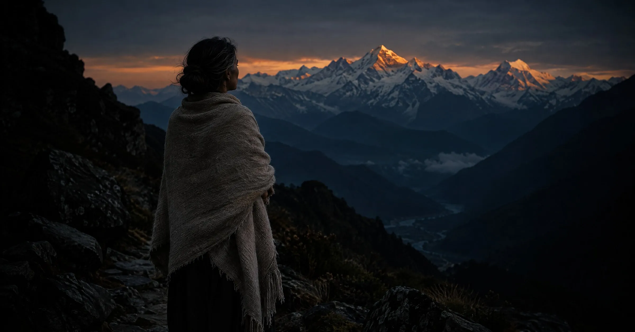 A woman in a wool shawl looking out at Himalayan peaks at dusk