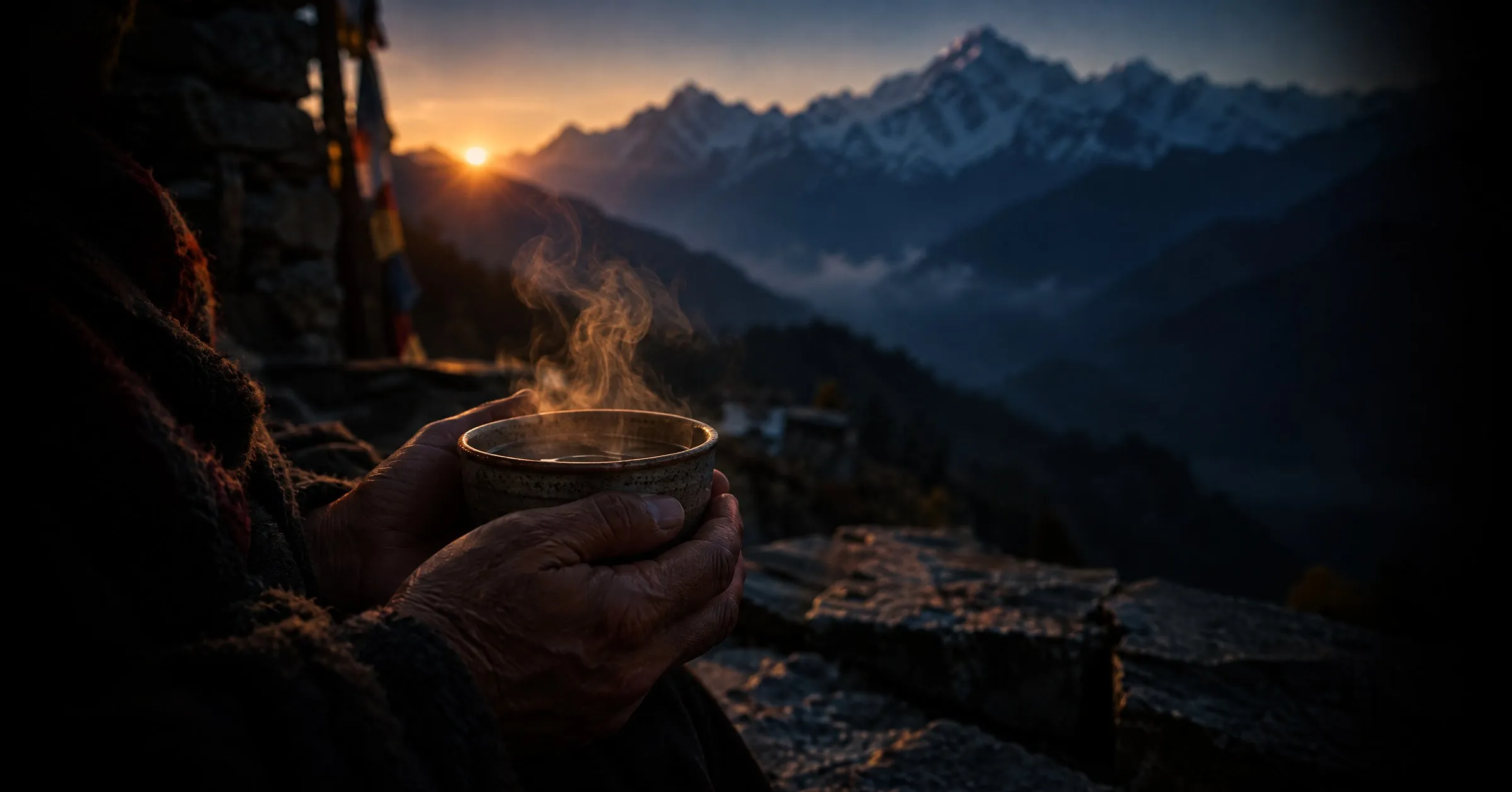 Hands holding a steaming cup on a mountain terrace at sunrise